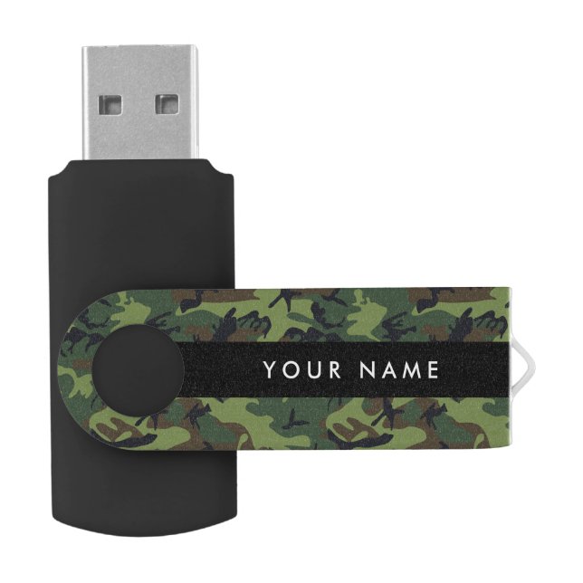 Green Camouflage Pattern, Your name, Personalize Flash Drive (Opened)