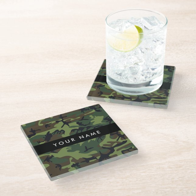 Green Camouflage Pattern, Your name, Personalize Glass Coaster (Angled)