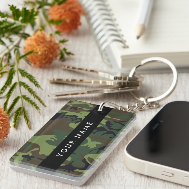 Green Camouflage Pattern, Your name, Personalize Keychain (Front Right)