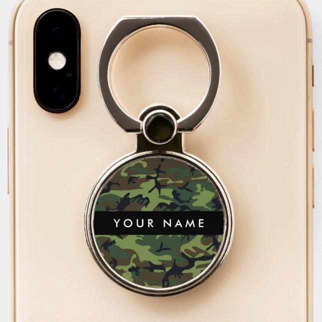 Green Camouflage Pattern, Your name, Personalize Phone Ring Stand (Close Up)