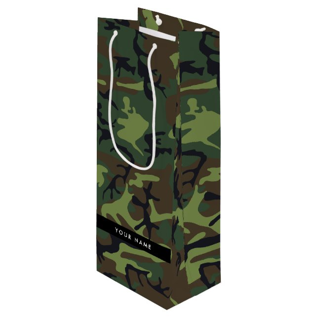 Green Camouflage Pattern, Your name, Personalize Wine Gift Bag (Front Angled)