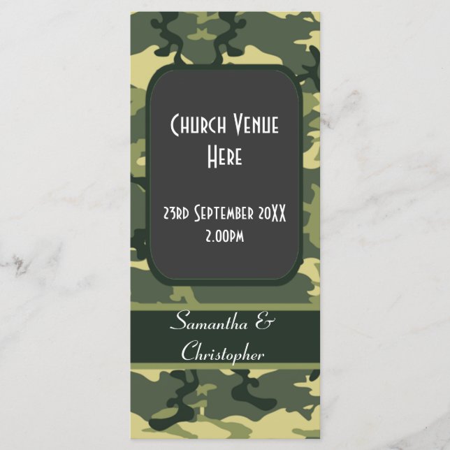 Green camouflage wedding program (Front)