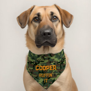 Green Camouflage with Personalized Orange Name Pet Bandana Collar