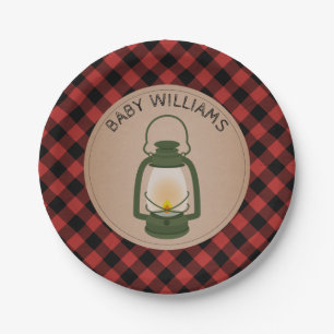 Green Camping Lantern Lumberjack Plaid Baby Shower Paper Plates