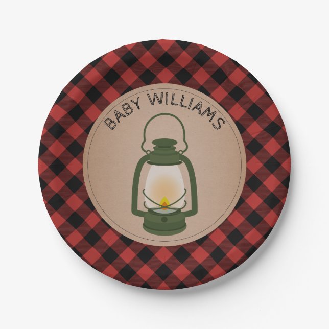 Green Camping Lantern Lumberjack Plaid Baby Shower Paper Plates (Front)