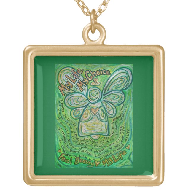 Green Cancer Angel Art Poem Charm Jewelry Necklace (Front)