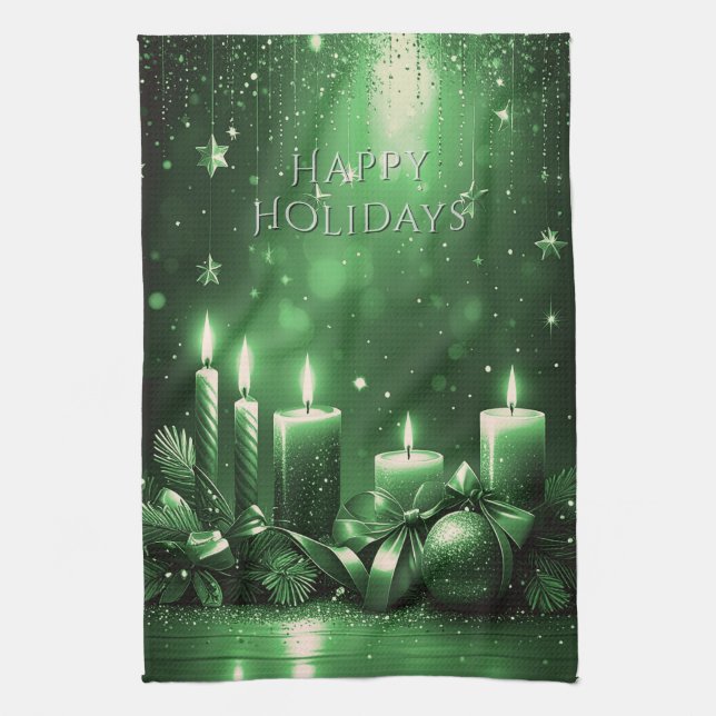 Green Candles Christmas Holiday Kitchen Towel (Vertical)