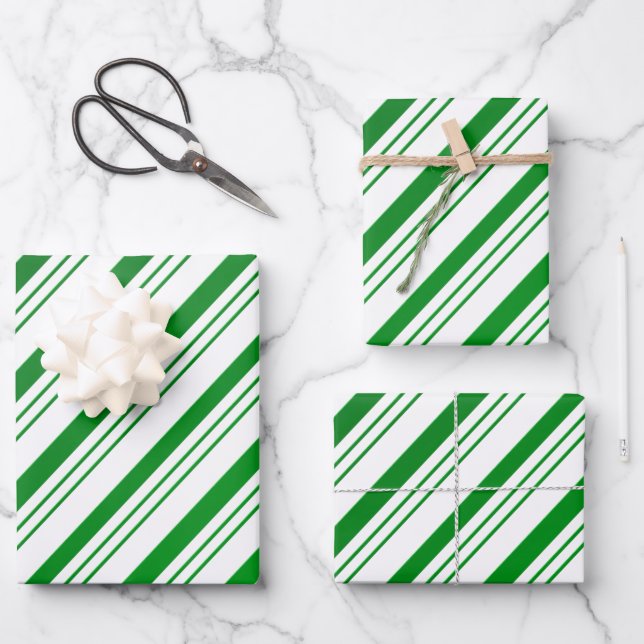 Green Candy Cane Striped Wrapping Paper Sheets (Front)