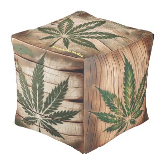 Green Cannabis Leaves on Distressed Wood Large Outdoor Pouf
