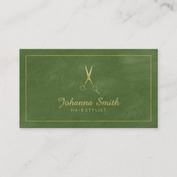 Green Canvas Golden Frame & Scissors Hairstylist Appointment Card by superdazzle at Zazzle
