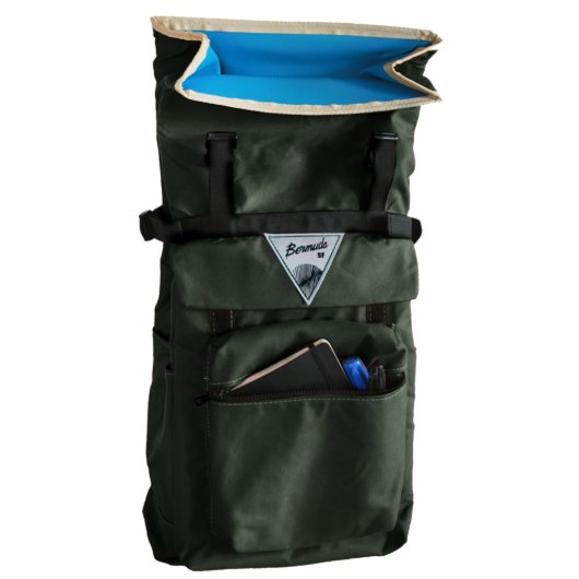 Green Canvas Roll Top Backpack w/ Laptop Sleeve (Open)