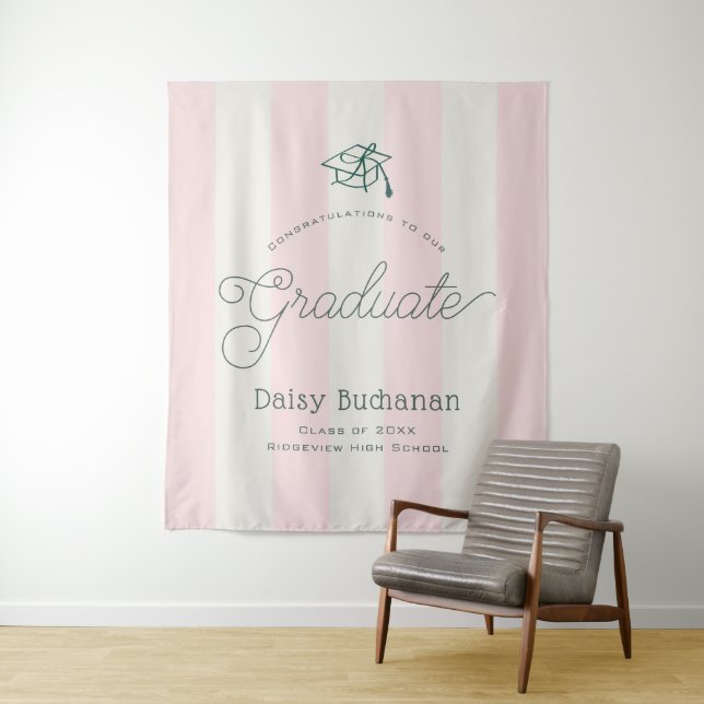 Green Cap & Pink Stripes Graduation Backdrop Prop (In Situ)