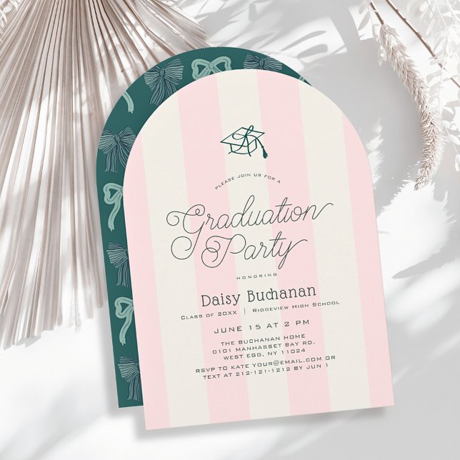 Green Cap & Pink Stripes Graduation Party Invitation (Creator Uploaded)