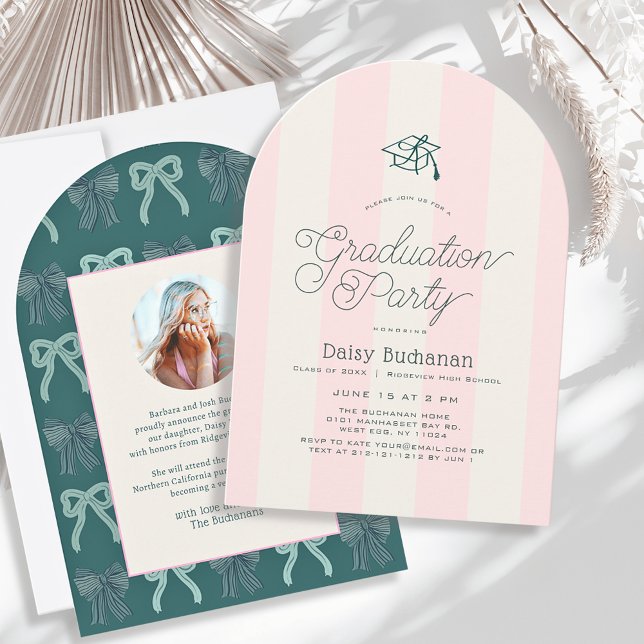 Green Cap & Pink Stripes Graduation Party Photo Invitation (Creator Uploaded)
