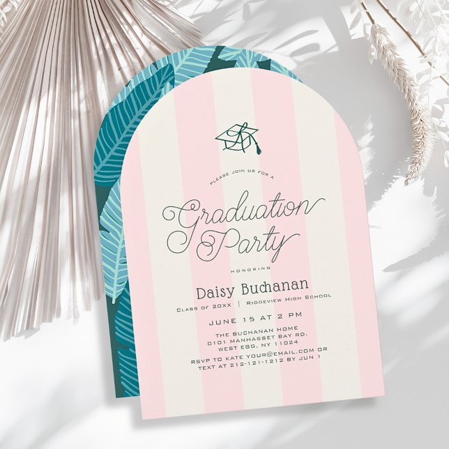 Green Cap & Pink Stripes Palms Graduation Party Invitation (Creator Uploaded)