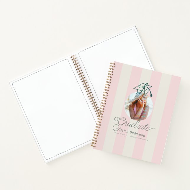Green Cap Pink Stripes Photo Graduation Guest Book (Inside)