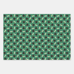 Green Caps Diplomas Mixed Graduation Patterns Wrapping Paper Sheets