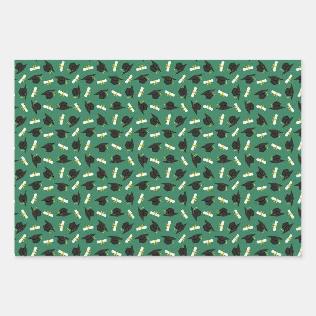 Green Caps Diplomas Mixed Graduation Patterns Wrapping Paper Sheets (Front)