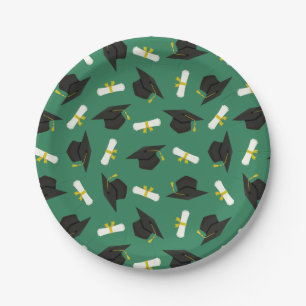 Green Caps Diplomas Pattern Graduation Party Paper Plates