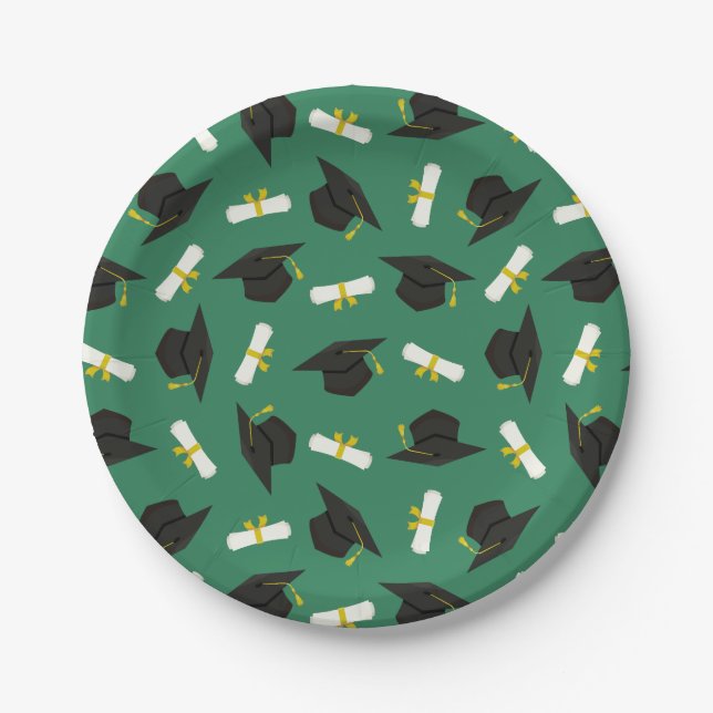 Green Caps Diplomas Pattern Graduation Party Paper Plates (Front)
