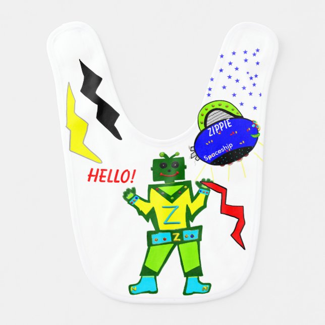 Green Captain Zacky Robot Blue Spaceship Hello Baby Bib (Front)