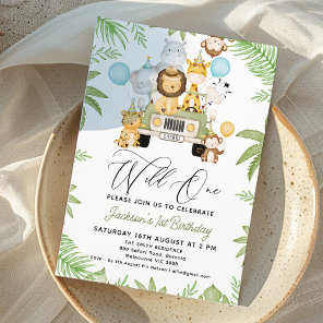 Green Car Balloons Safari Wild One 1st Birthday  Invitation