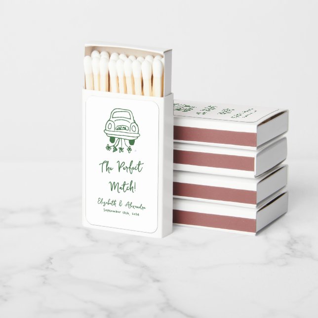 Green Car Handwritten Wedding Matchboxes (Stacked)