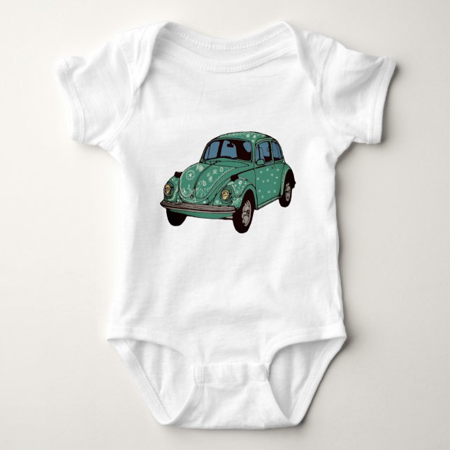 Green Car, Retro Auto, Cute Art Baby Jersey Baby Bodysuit (Front)