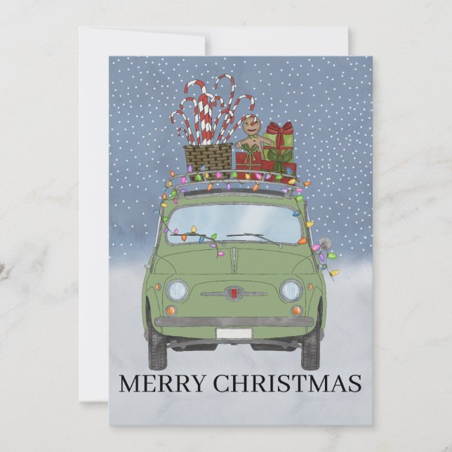 Green car with Christmas gifts Holiday Card (Front)