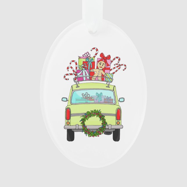 Green Car with Christmas Gifts Ornament (Front)