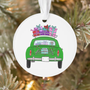 Green Car with Christmas Gifts Ornament