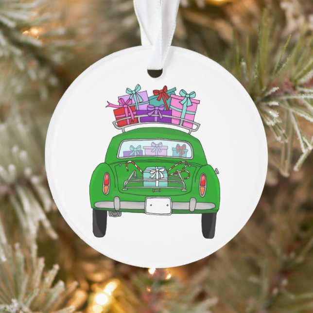 Green Car with Christmas Gifts Ornament (Tree)