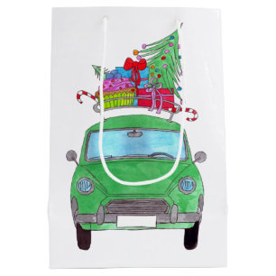 Green Car with Christmas Gifts Watercolor Medium Gift Bag