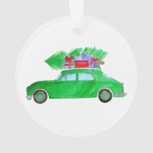 Green Car with Christmas Gifts Watercolor Ornament