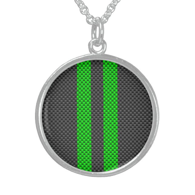 Green Carbon Fiber Style Racing Stripes Sterling Silver Necklace (Front)