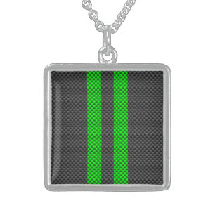 Green Carbon Fiber Style Racing Stripes Sterling Silver Necklace