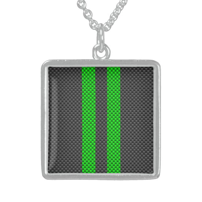 Green Carbon Fiber Style Racing Stripes Sterling Silver Necklace (Front)