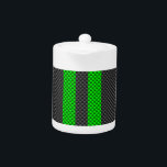 Green Carbon Fiber Style Racing Stripes Teapot<br><div class="desc">A green racing stripes accent on black carbon fiber style decor. The carbon fiber print look suits automotive,  modern,  and industrial tastes and the vibrant vertical lines make for a dynamic design. 


 A great gift idea!</div>