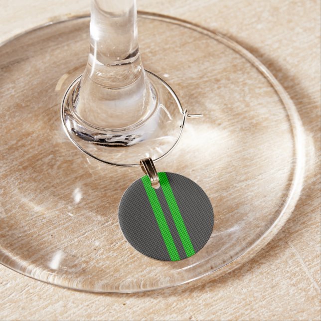 Green Carbon Fiber Style Racing Stripes Wine Glass Charm (In Situ)