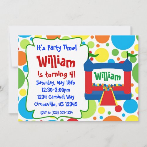 Green Carnival Circus Bounce House Birthday Party Invitation