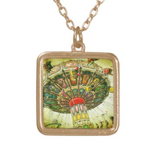 Green carnival swing ride photo vintage retro bold gold plated necklace