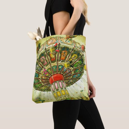 Green carnival swing ride photo vintage retro tote bag