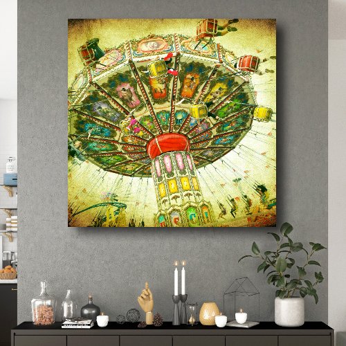 Green carnival swing ride vintage photo stylish canvas print