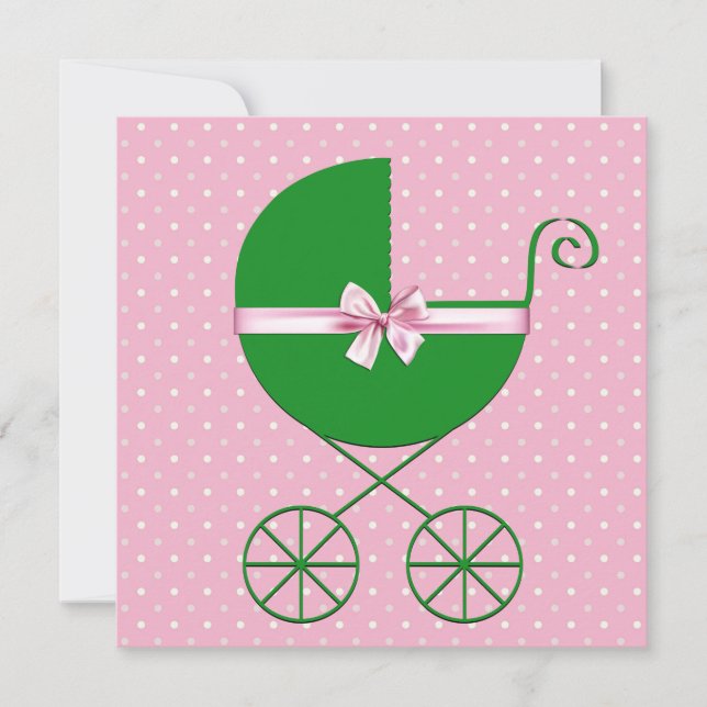 Green Carriage and Pink Polka Dot Baby Shower Invitation (Front)