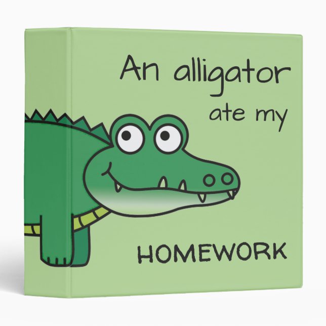 Green Cartoon Alligator Ate My Homework Kids 3 Ring Binder (Front/Spine)