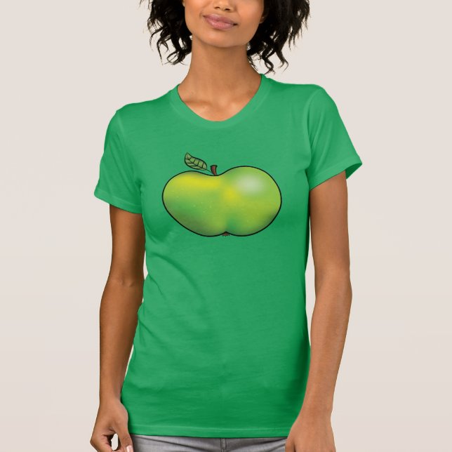 Green Cartoon Apple Fruit Illustration T-Shirt (Front)
