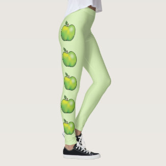 Green Cartoon Apple Fruits On Light Green Leggings