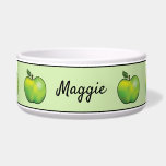 Green Cartoon Apple Fruits With Custom Pet Name Bowl<br><div class="desc">Destei's green cartoon apples on a light green background color. There is also a personalizable text area for a name in black color font. The top and bottom have a thin black border as well.</div>