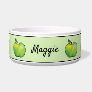 Green Cartoon Apple Fruits With Custom Pet Name Bowl