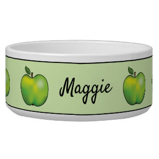 Green Cartoon Apple Fruits With Custom Pet Name Bowl